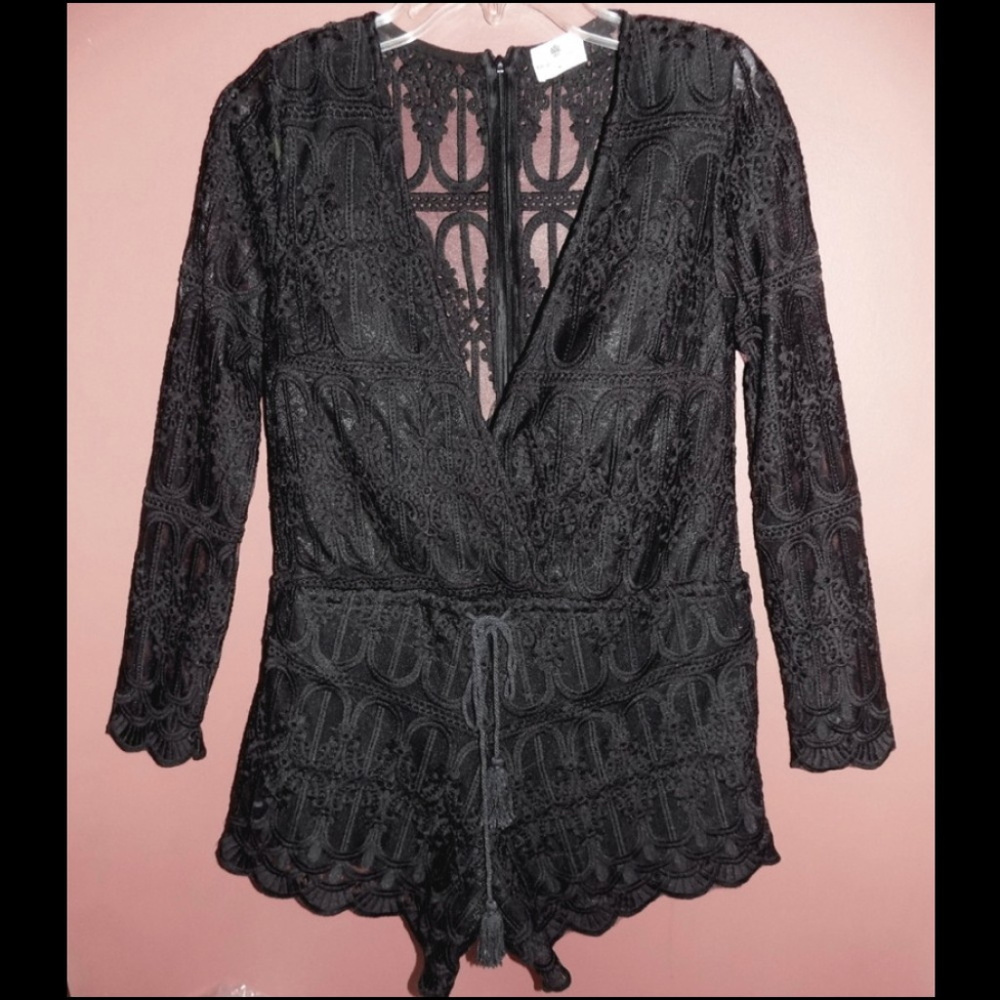 Black lace romper 8 Semi-sheer Deep V-neck Lined front Body suit Long sleeve